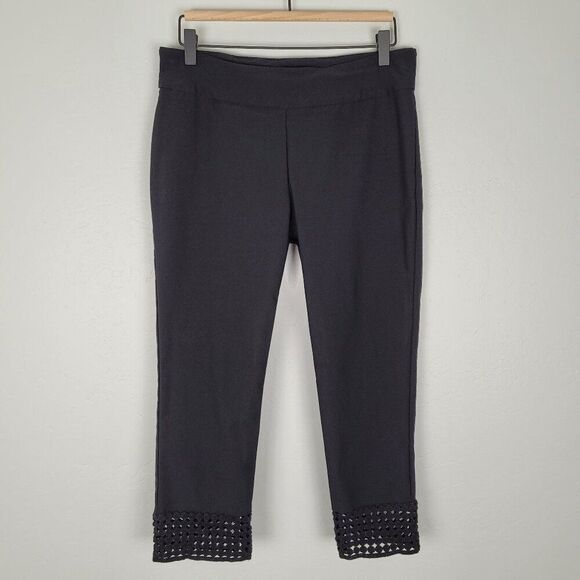 Soft Surroundings Crop Pull On Pants Crochet Trim Stretch Black Size PM Petite - Picture 1 of 9